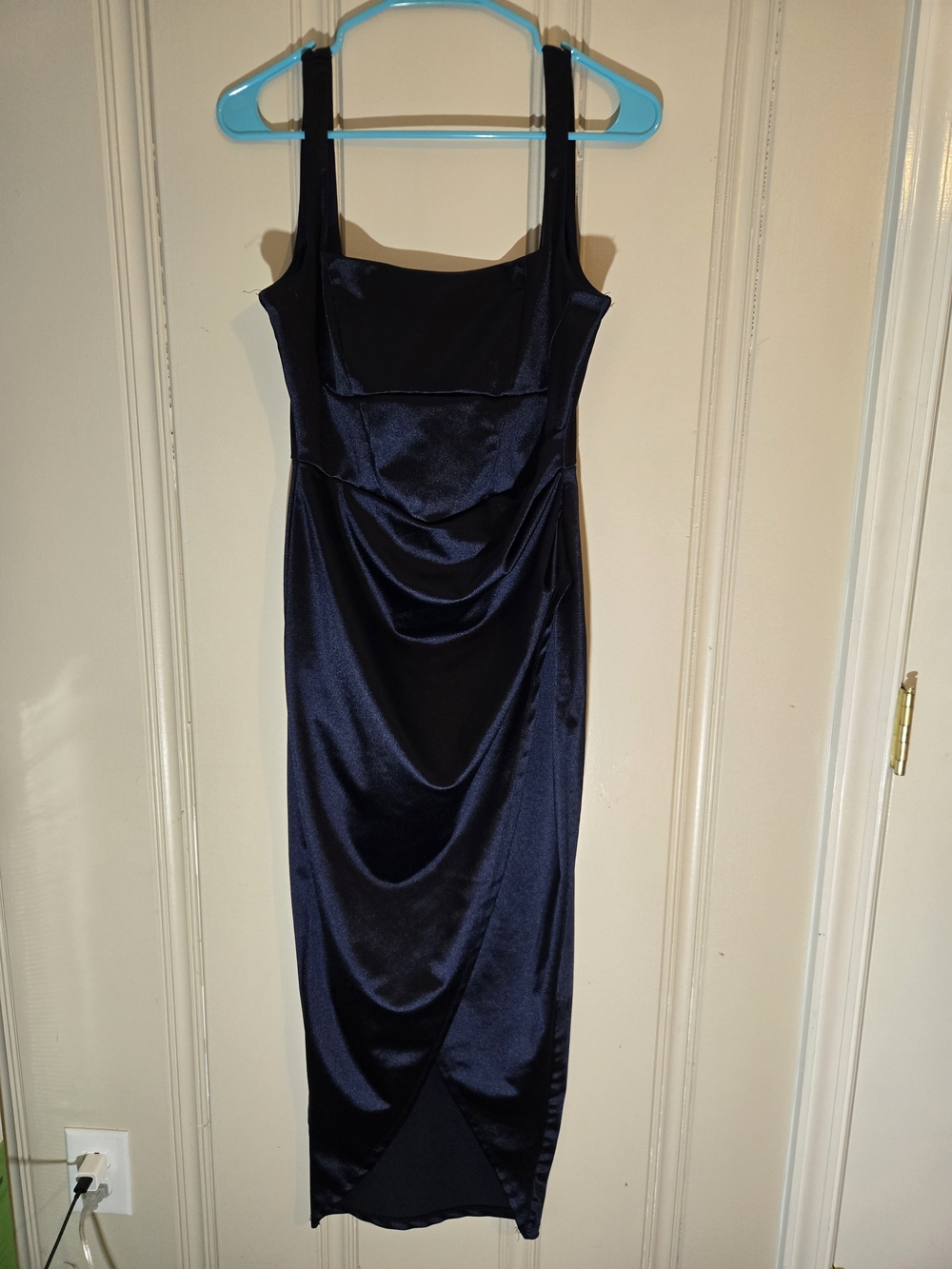 Windsor Navy Satin Draped Midi Dress with Square Neck